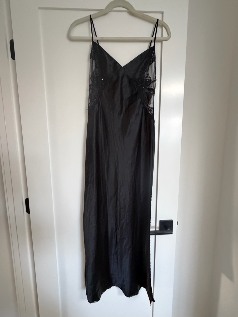 Victoria's Secret Black Satin Slip Dress with Lace Insets